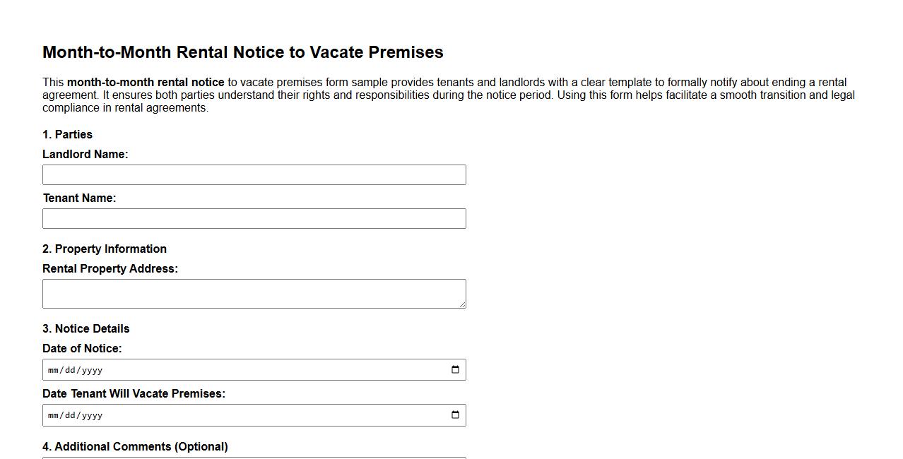 Month-to-month rental notice to vacate premises form sample image preview