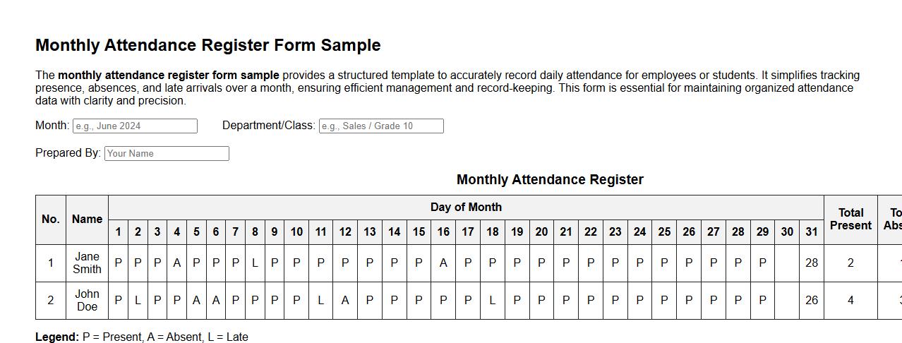 monthly attendance register form sample image preview