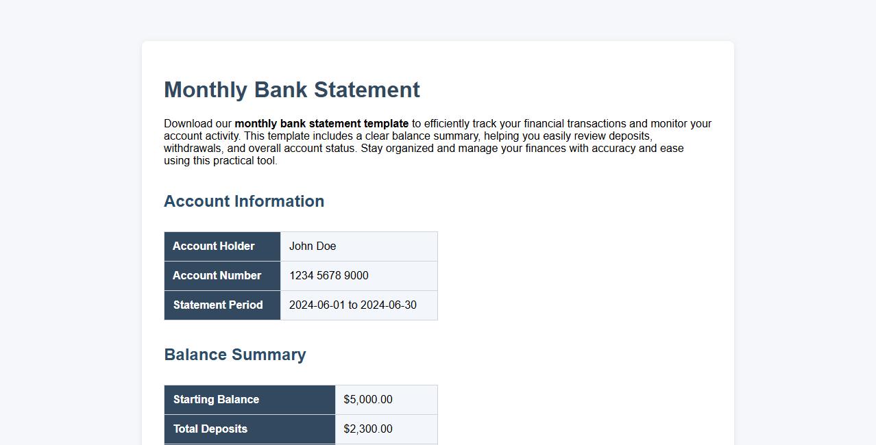 Monthly bank statement template with balance summary image preview