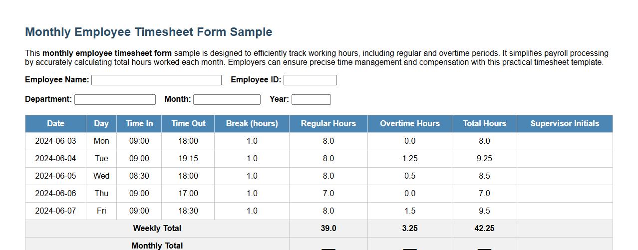 Monthly employee timesheet form sample with overtime calculation image preview
