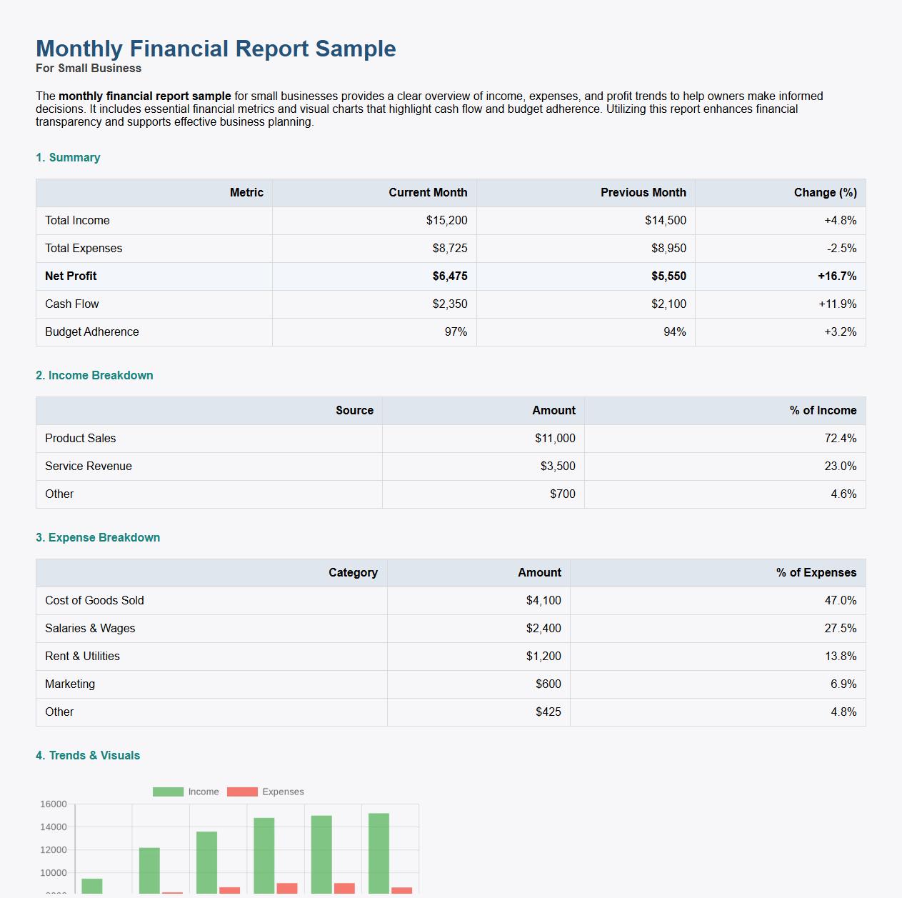 Monthly financial report sample for small business image preview