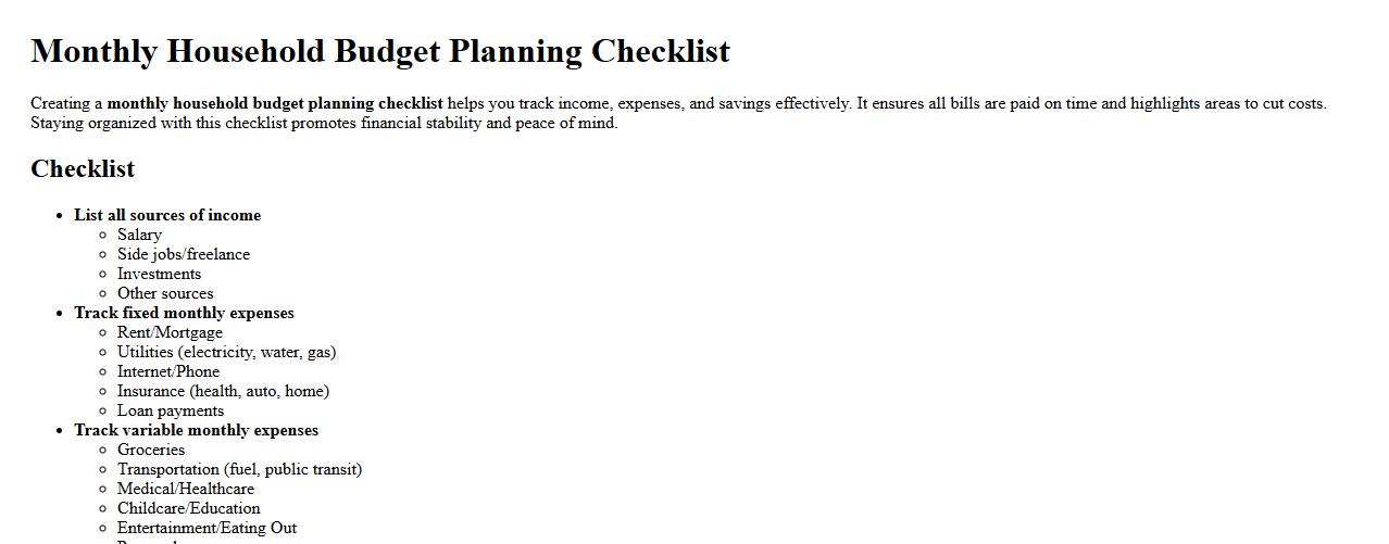 Monthly household budget planning checklist image preview