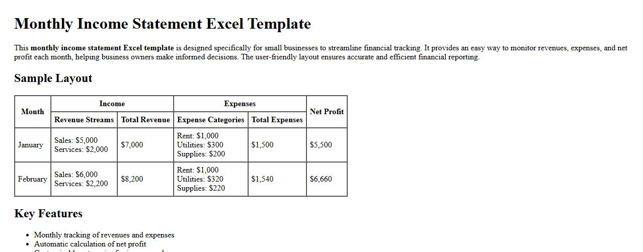 monthly income statement excel template for small business image preview