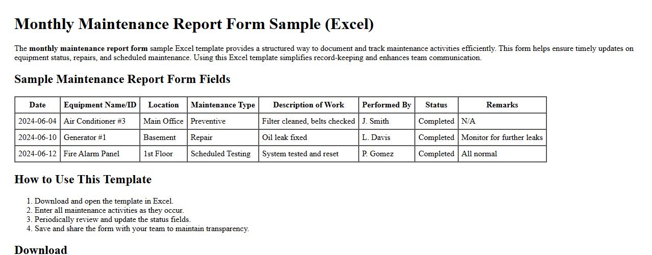 monthly maintenance report form sample Excel image preview