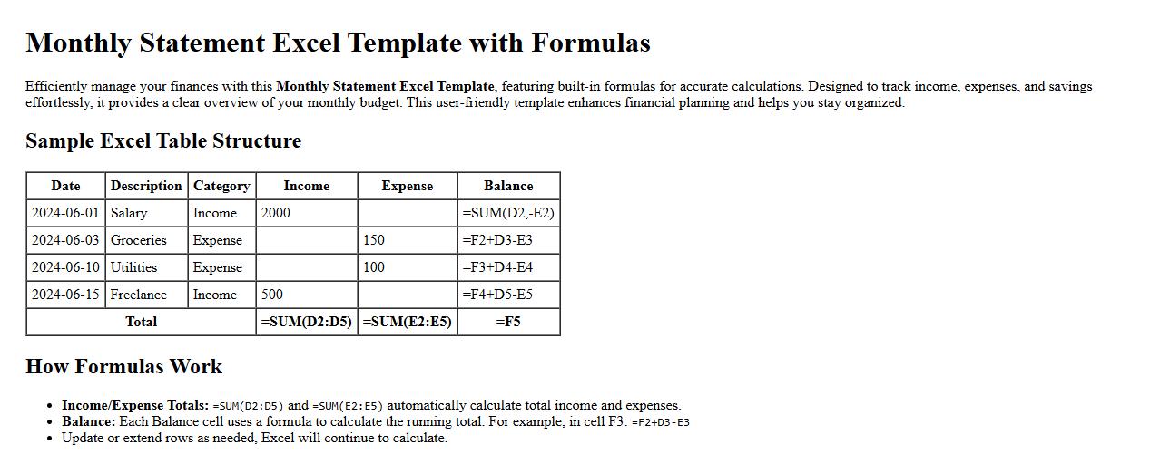 Monthly statement excel template with formulas image preview