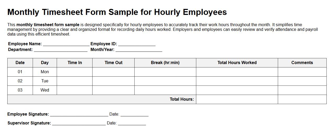 Monthly timesheet form sample for hourly employees image preview