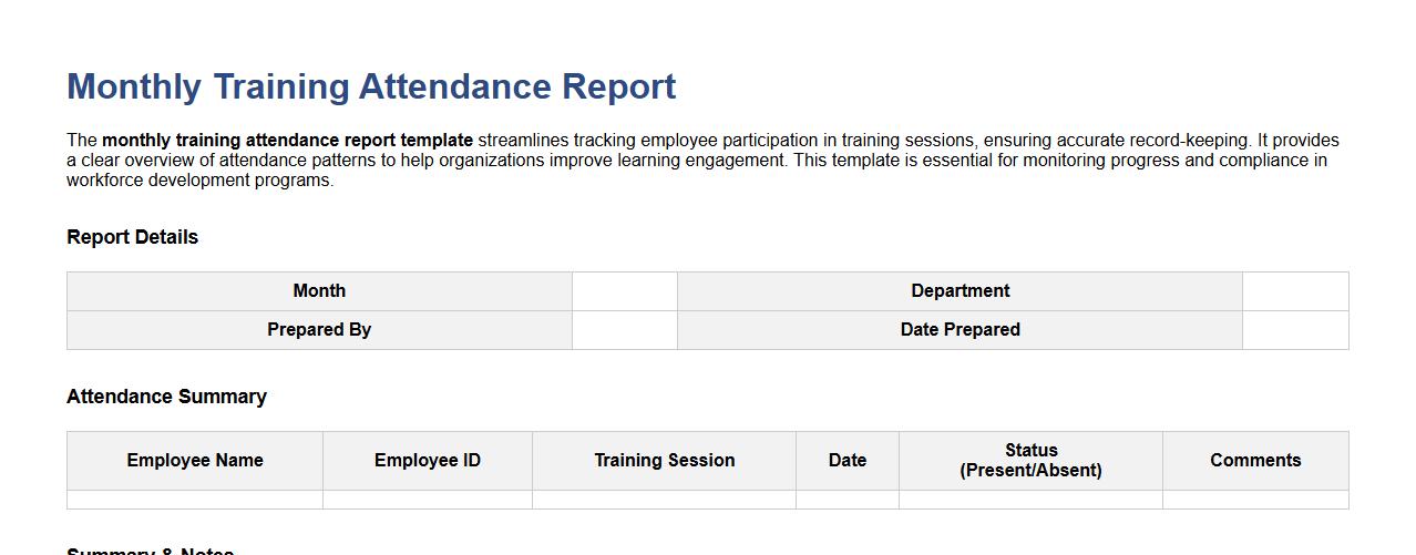 monthly training attendance report template image preview