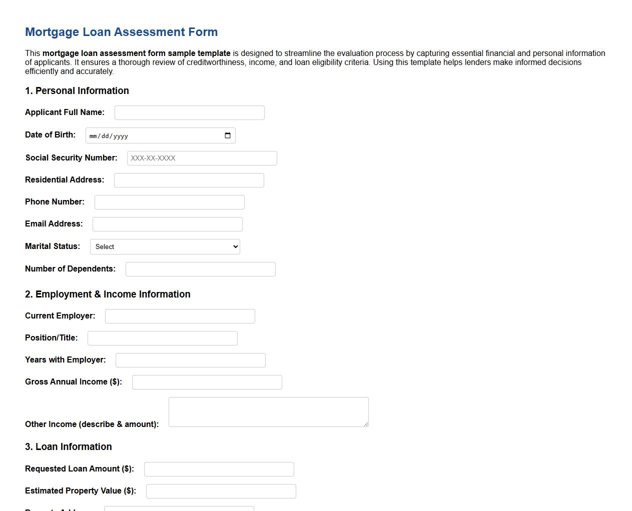 mortgage loan assessment form sample template image preview