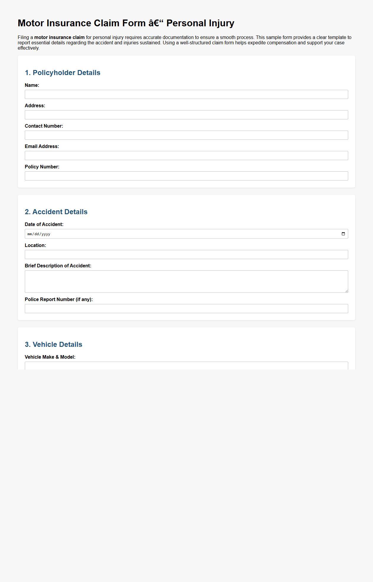 Motor insurance claim form sample for personal injury image preview