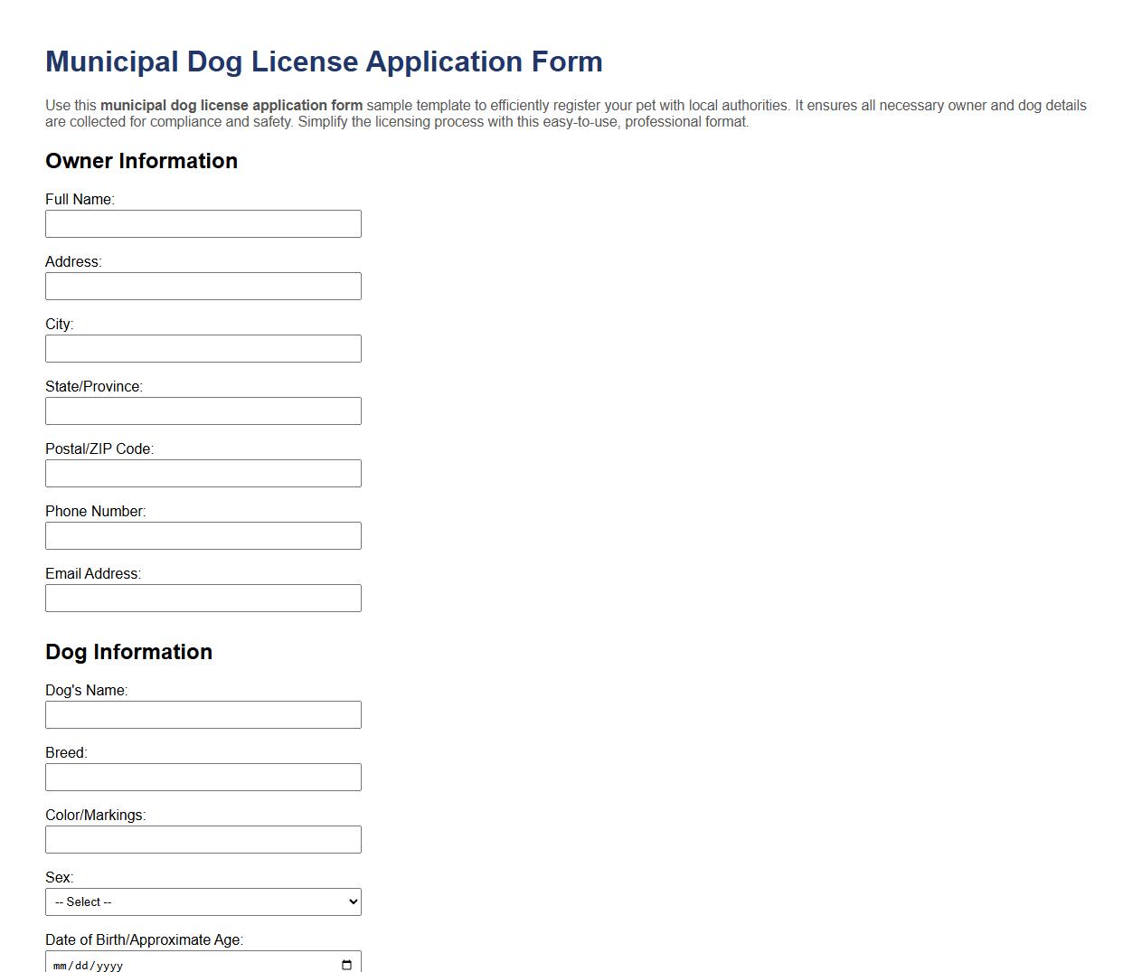municipal dog license application form sample template image preview
