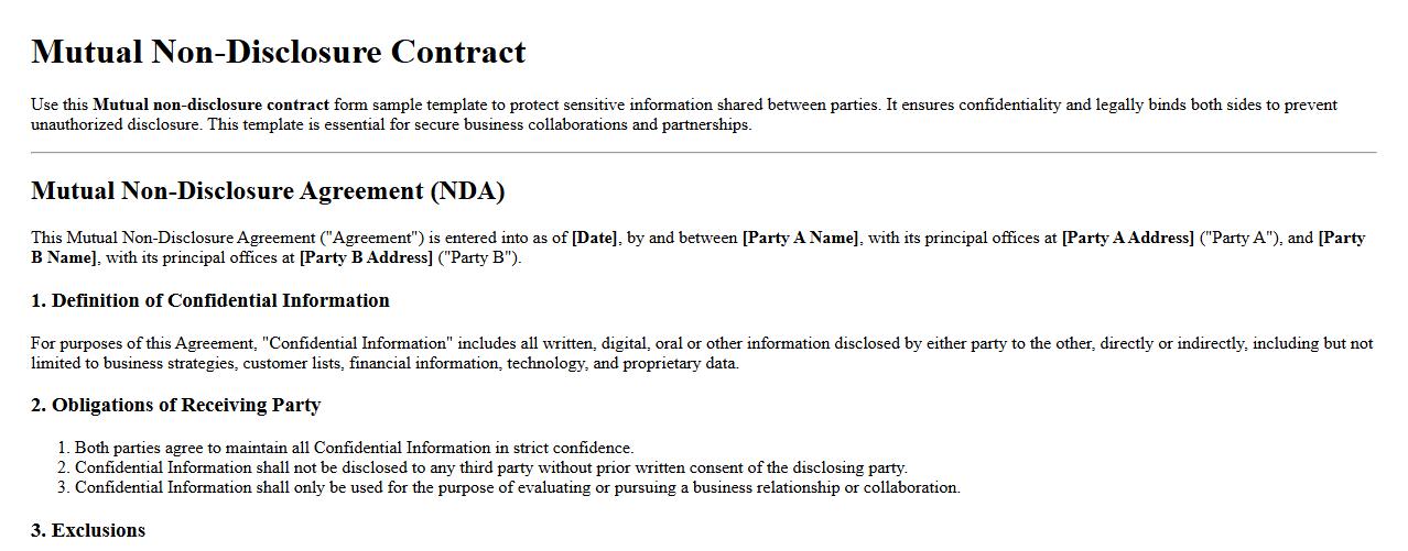 Mutual non-disclosure contract form sample template image preview