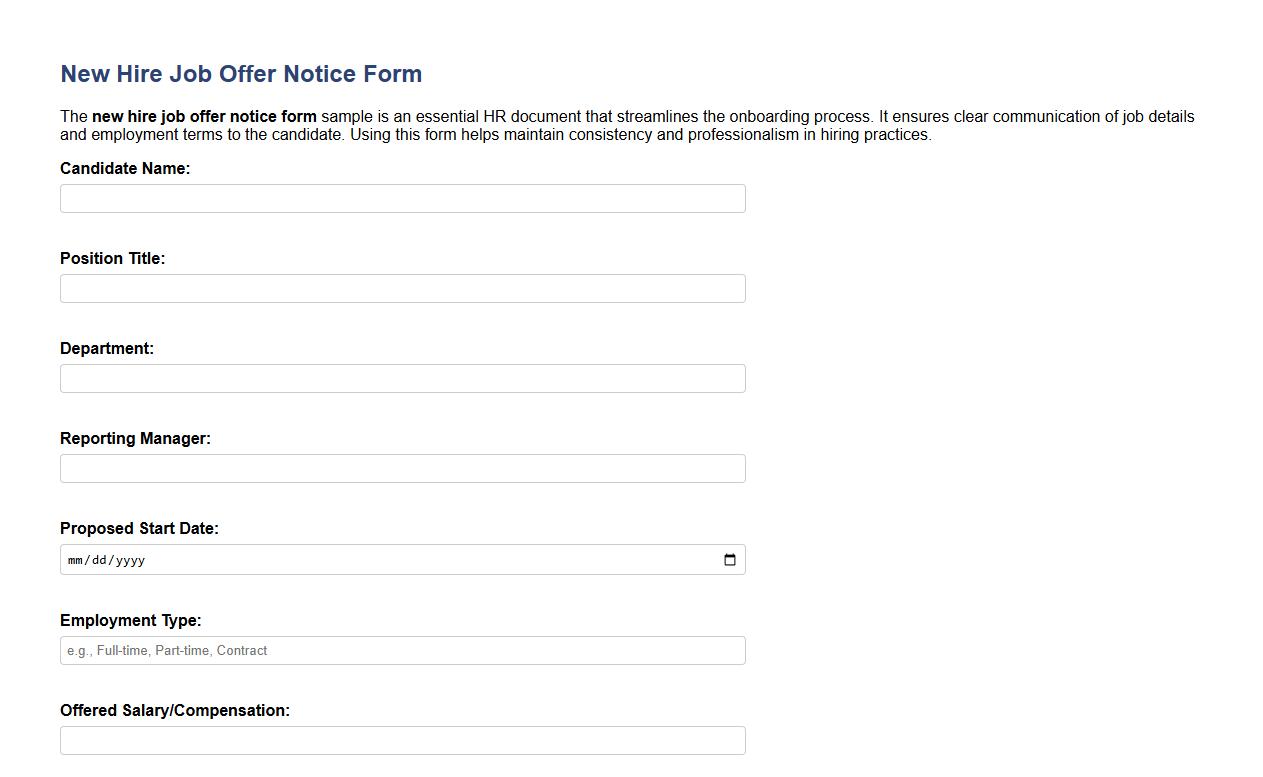 new hire job offer notice form sample for HR image preview