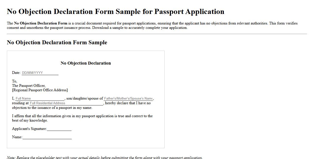 No Objection Declaration Form Sample for Passport Application image preview