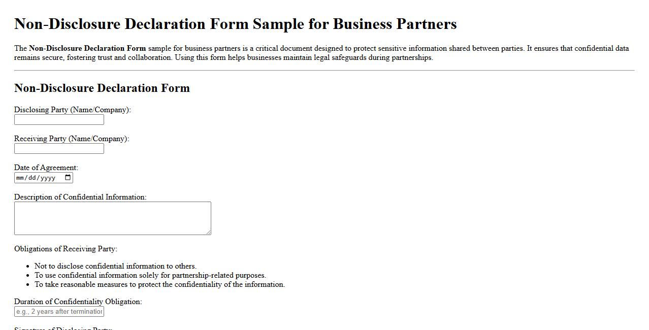 Non-Disclosure Declaration Form Sample for Business Partners image preview