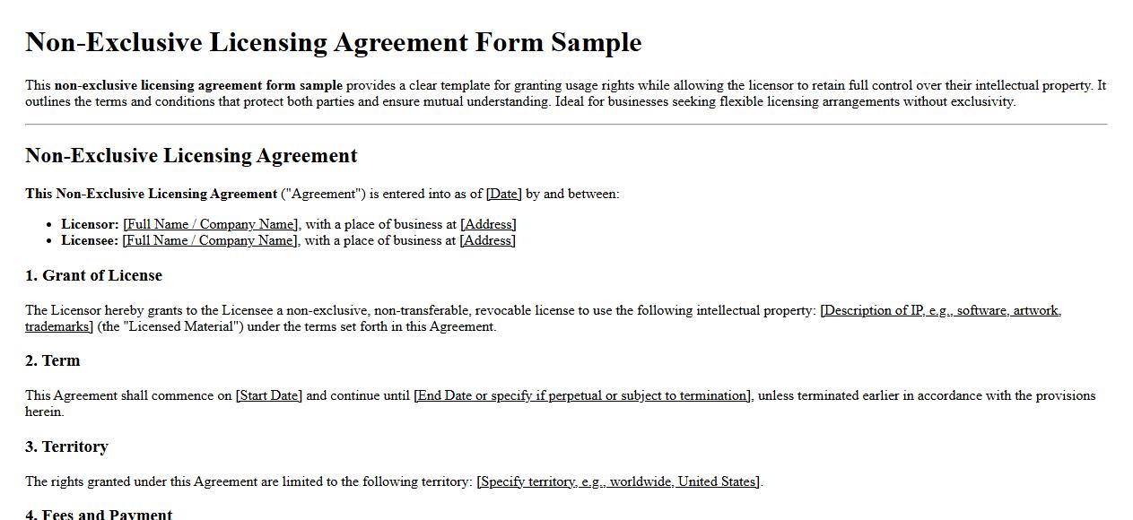 Non-exclusive licensing agreement form sample image preview