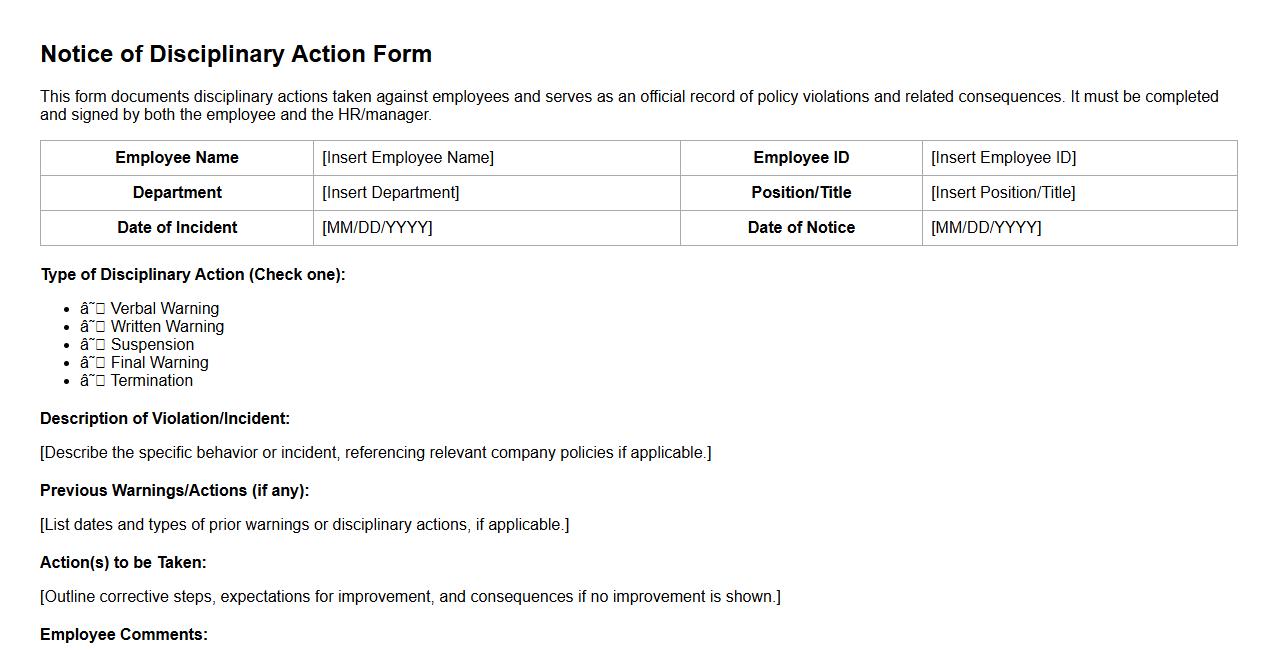 Notice of Disciplinary Action Form sample for HR departments image preview