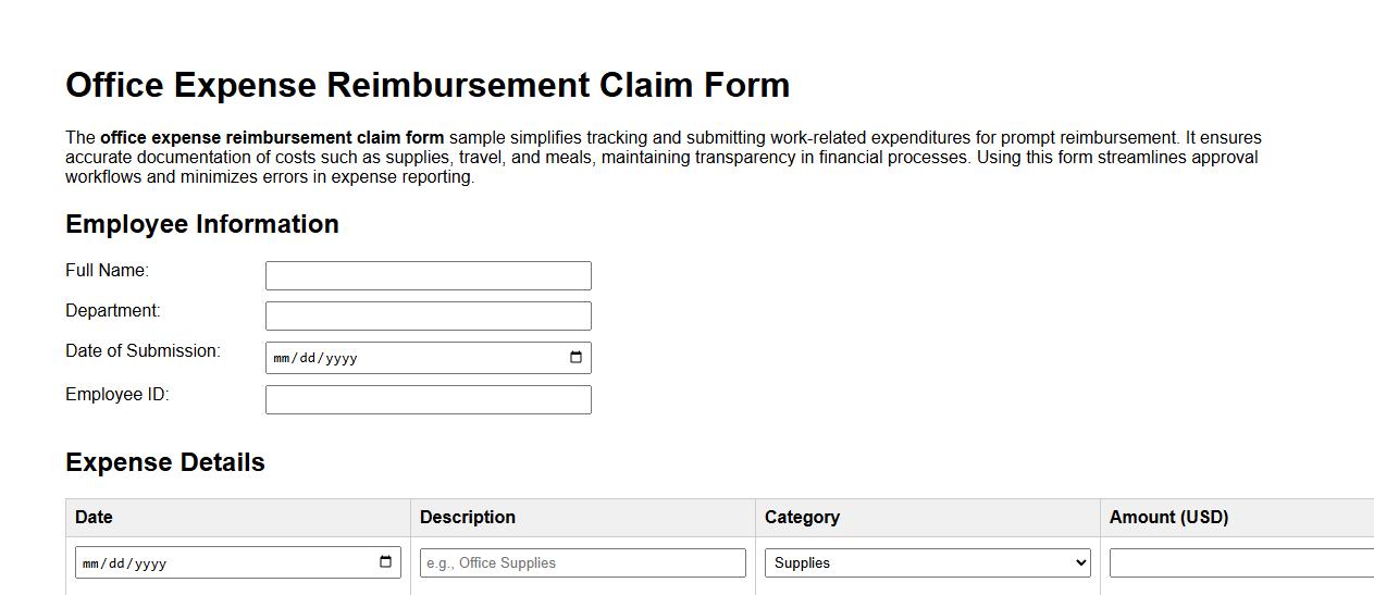 Office expense reimbursement claim form sample image preview