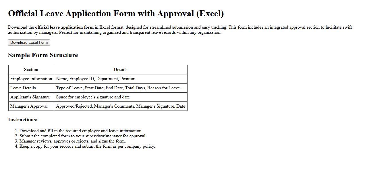 Official leave application form with approval in Excel image preview