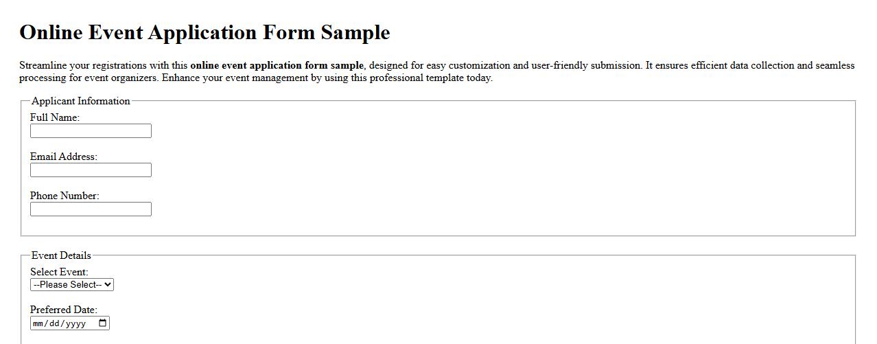 Online event application form sample image preview