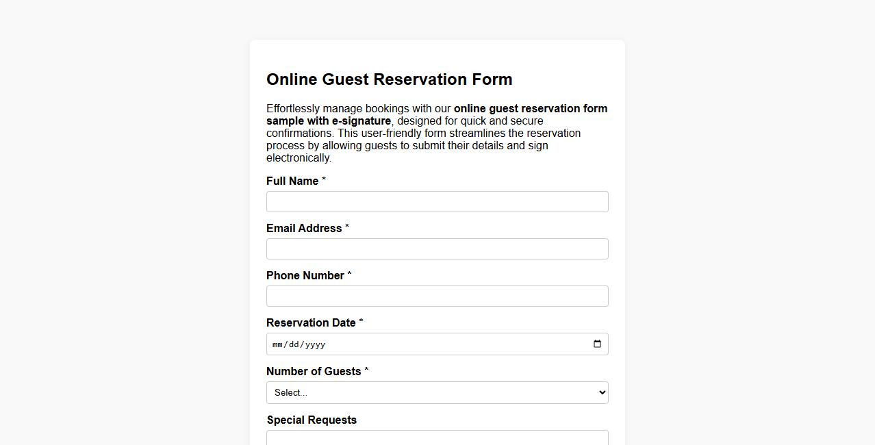 online guest reservation form sample with e-signature image preview