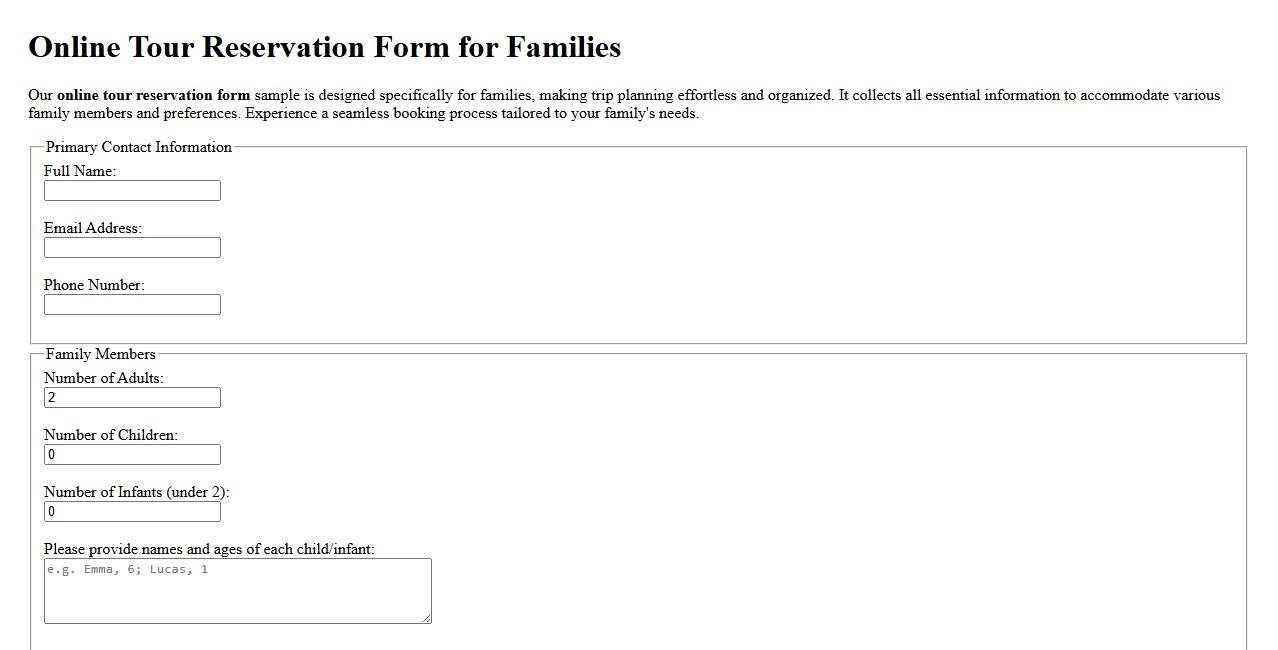 Online tour reservation form sample for families image preview