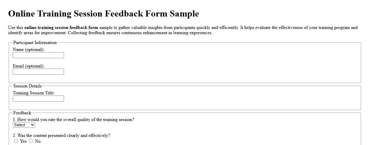 Online training session feedback form sample image preview