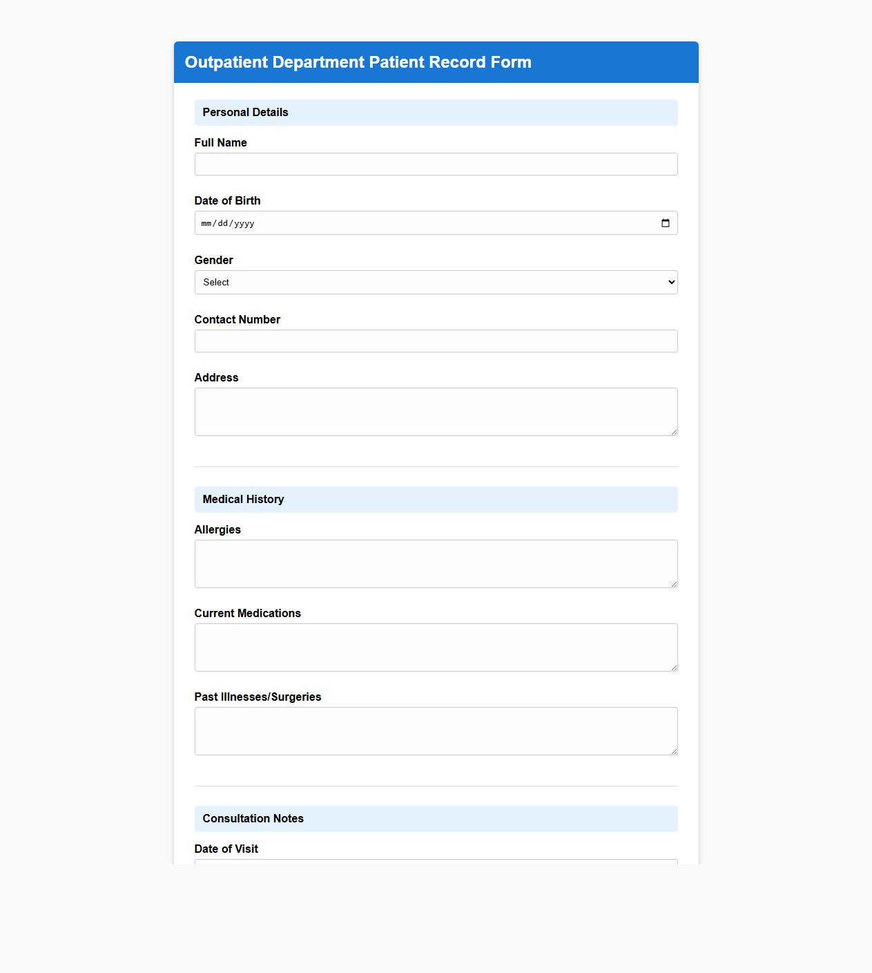 outpatient department patient record form sample image preview