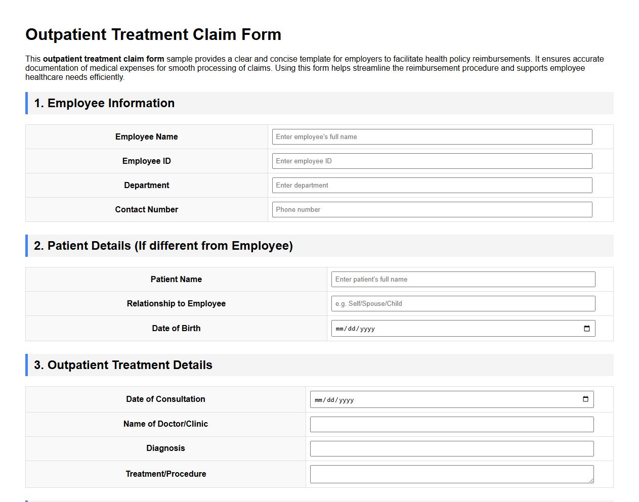 Outpatient treatment claim form sample for employer health policy image preview