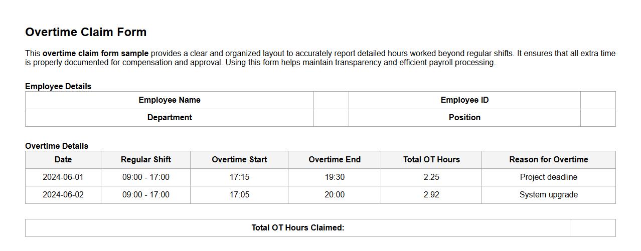 overtime claim form sample with detailed hours image preview