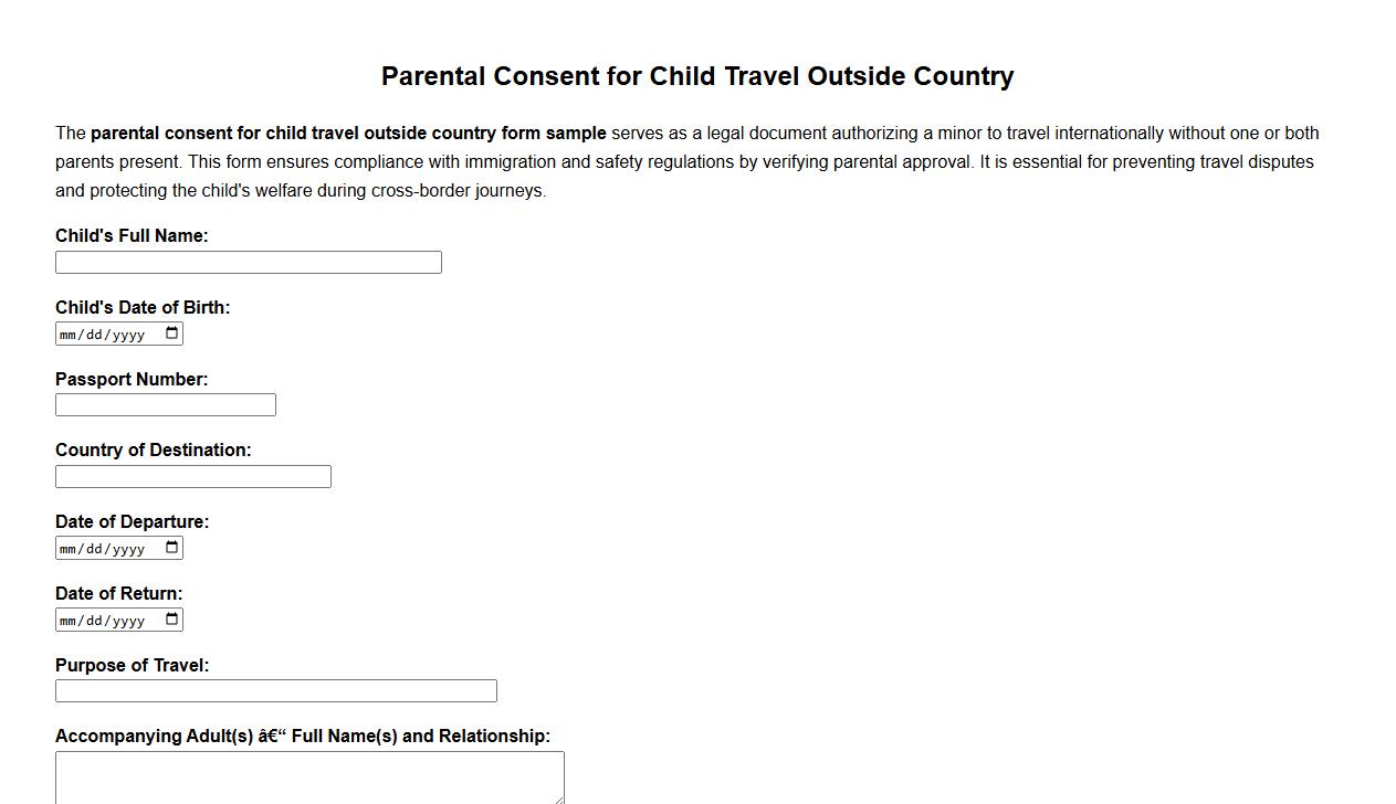 parental consent for child travel outside country form sample image preview