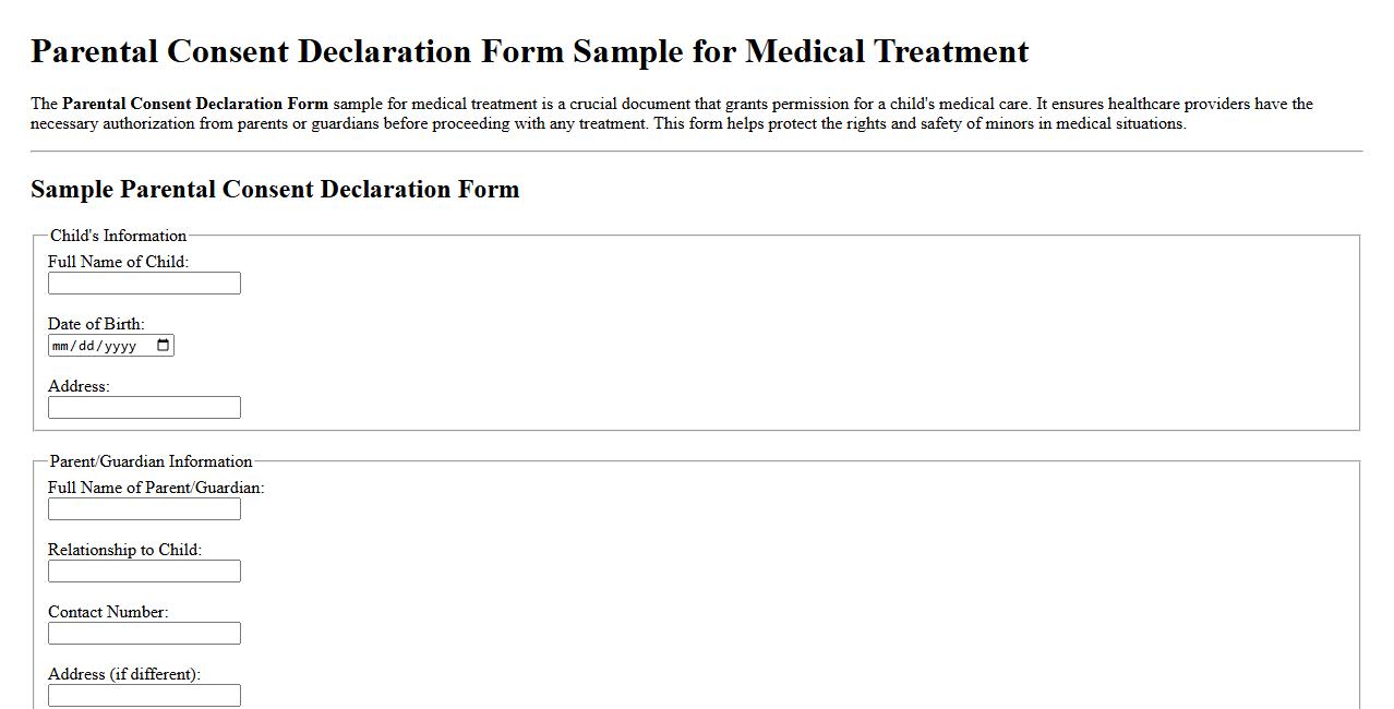 Parental Consent Declaration Form sample for medical treatment image preview