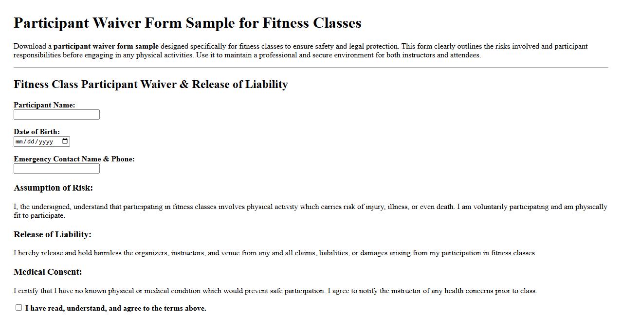 participant waiver form sample for fitness classes image preview