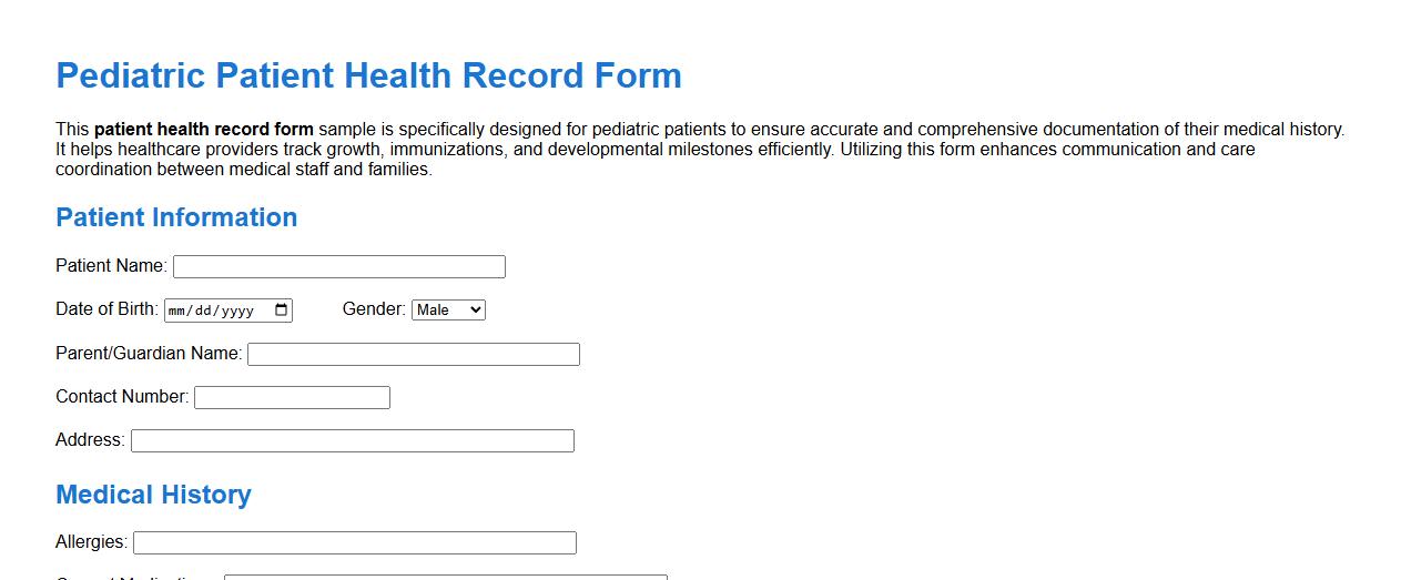 patient health record form sample for pediatric patients image preview