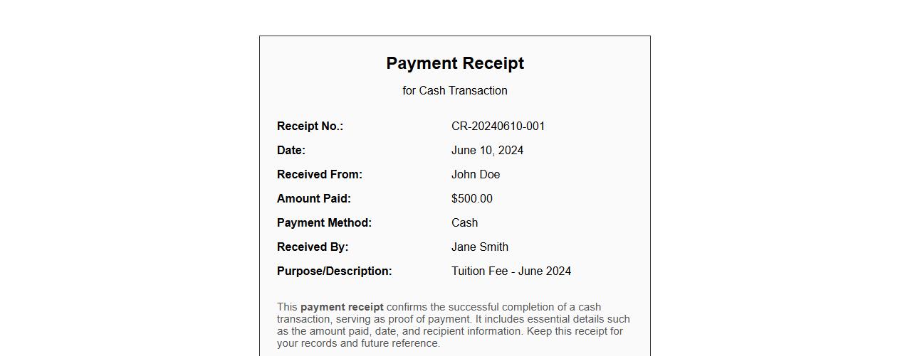 Payment receipt for cash transaction image preview