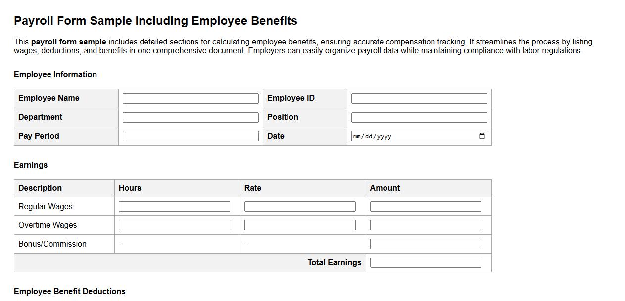 Payroll form sample including employee benefits image preview