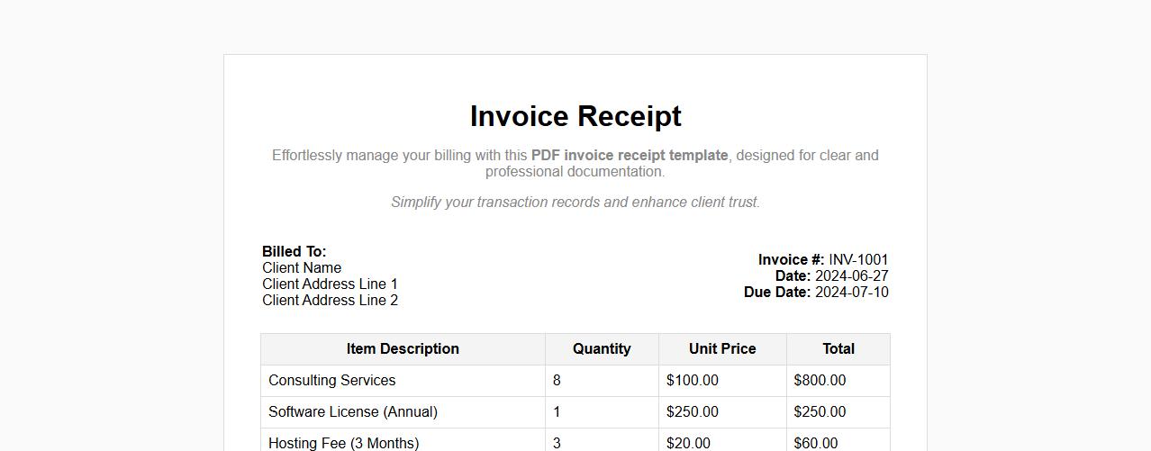 PDF invoice receipt template with itemized list image preview