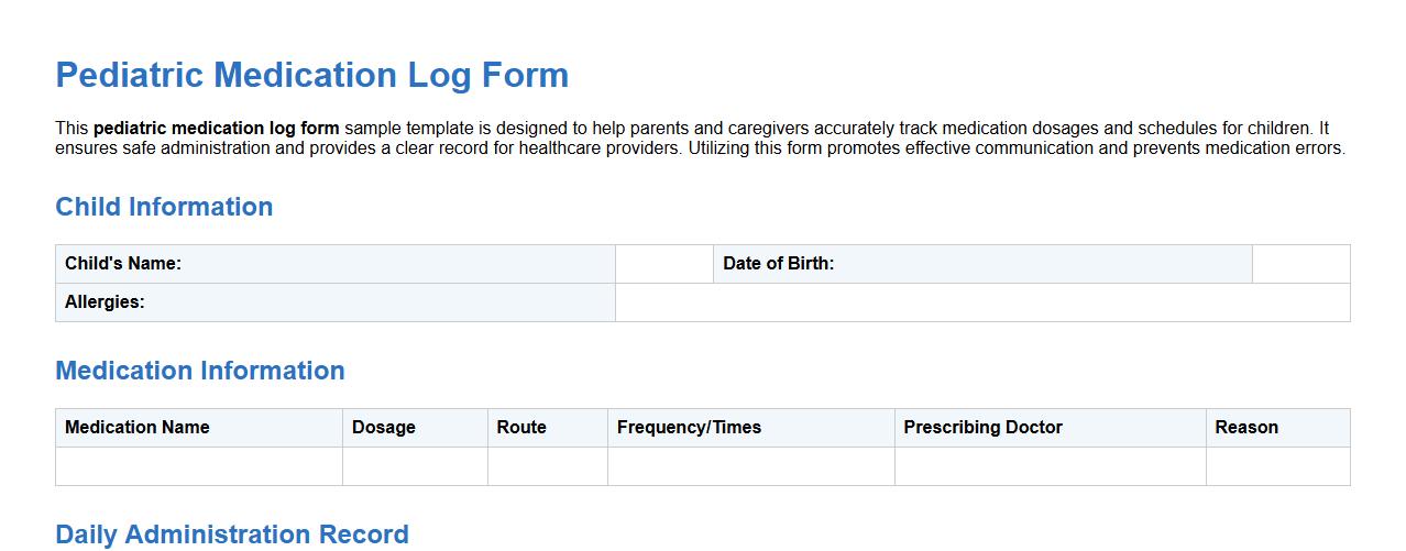 Pediatric medication log form sample template image preview