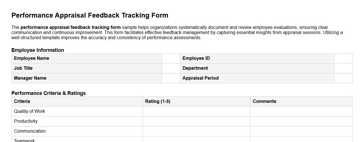 performance appraisal feedback tracking form sample image preview