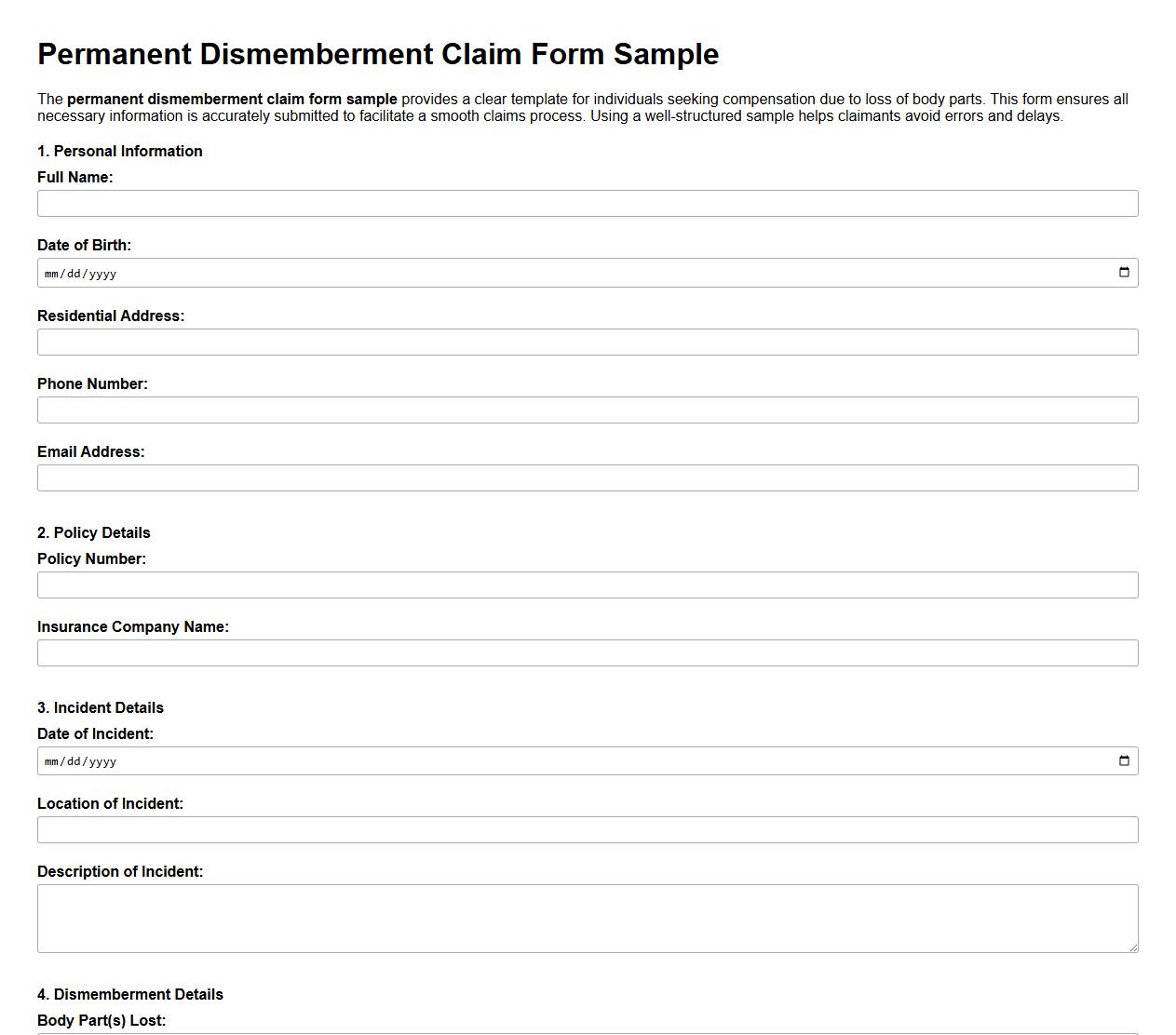 permanent dismemberment claim form sample image preview
