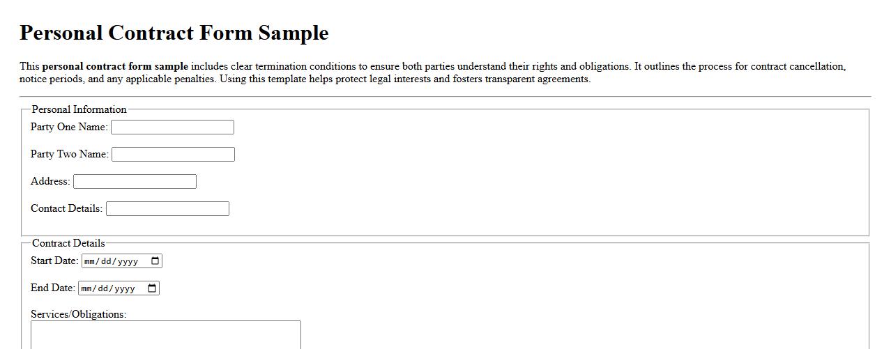 Personal contract form sample with termination conditions image preview