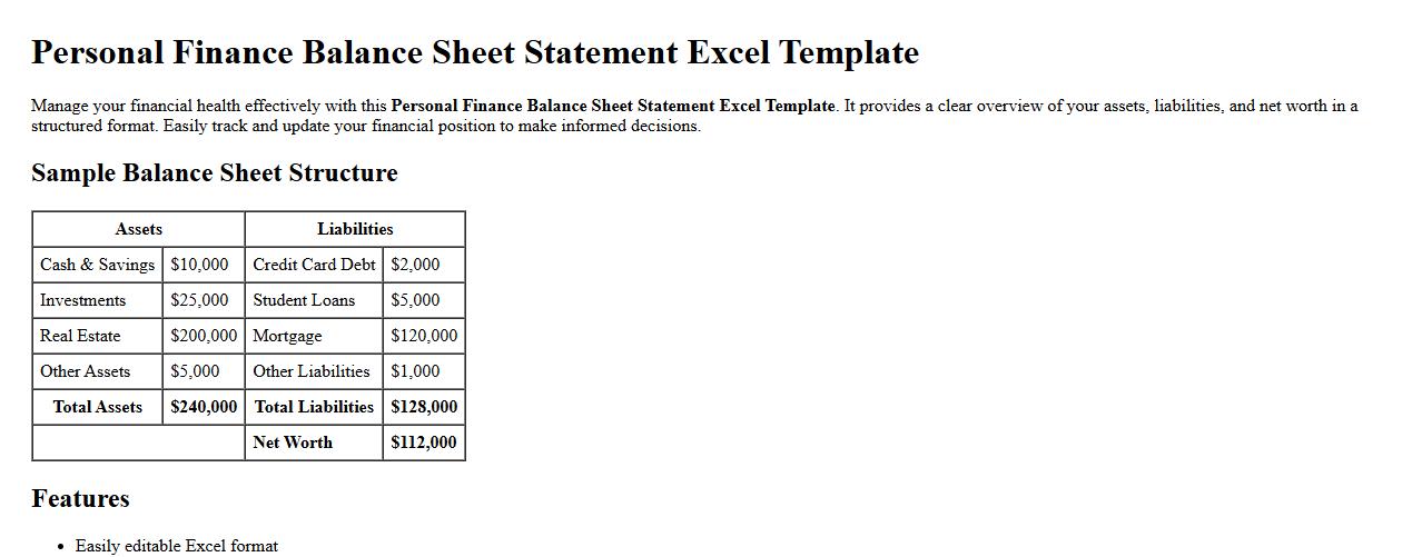 Personal finance balance sheet statement excel template image preview