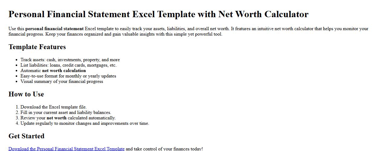 Personal financial statement excel template with net worth calculator image preview