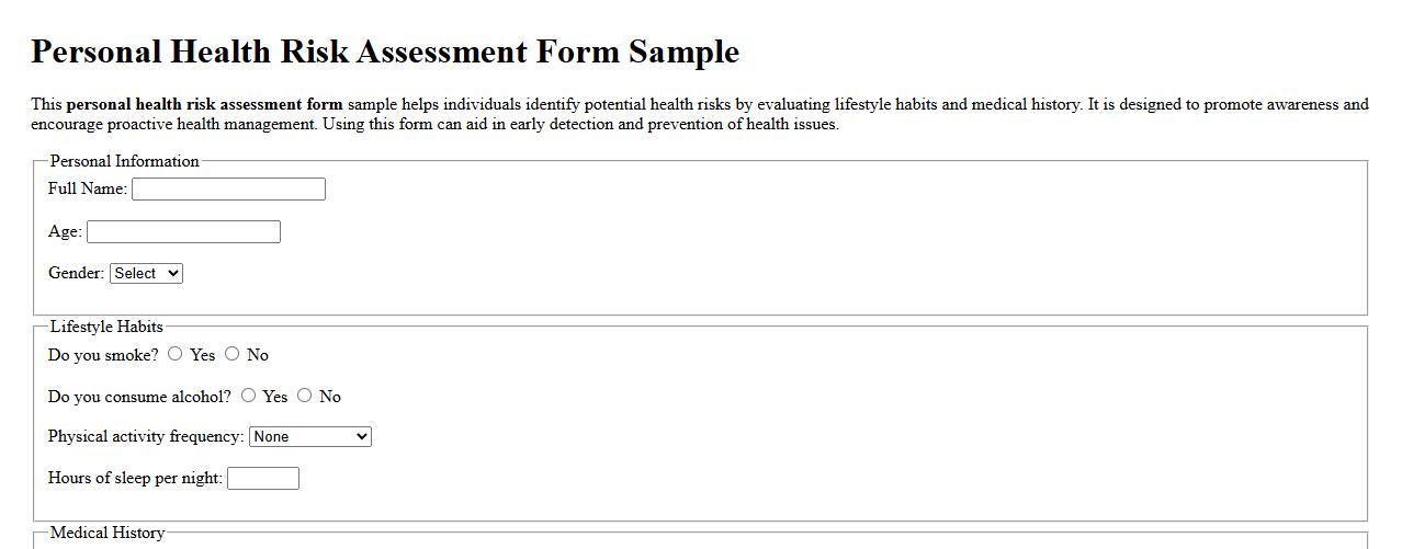 Personal health risk assessment form sample image preview