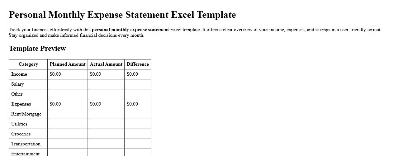 Personal monthly expense statement excel template image preview