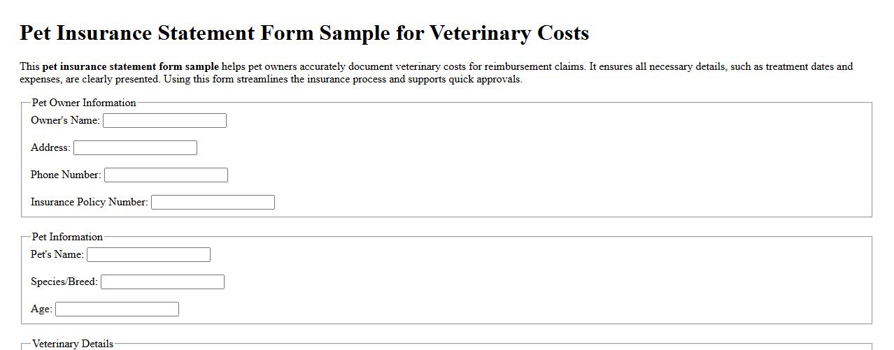 Pet insurance statement form sample for veterinary costs image preview