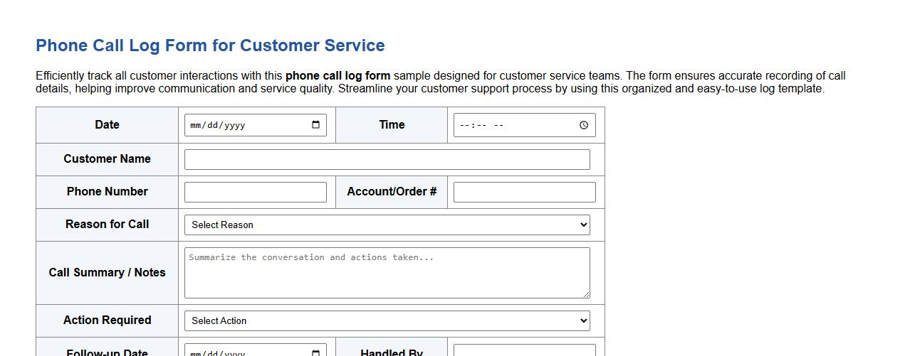 phone call log form sample for customer service image preview