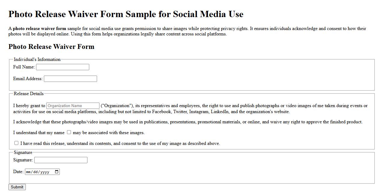 photo release waiver form sample for social media use image preview