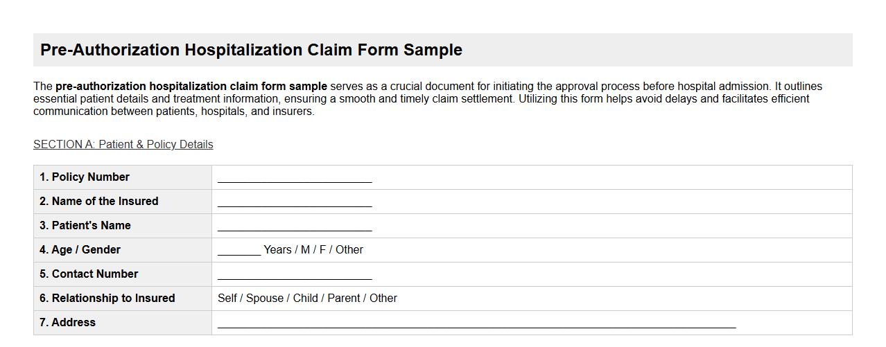 Pre-authorization hospitalization claim form sample image preview