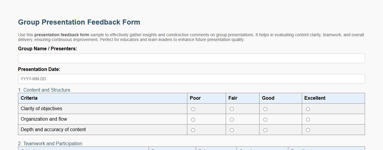 Presentation feedback form sample for group presentations image preview