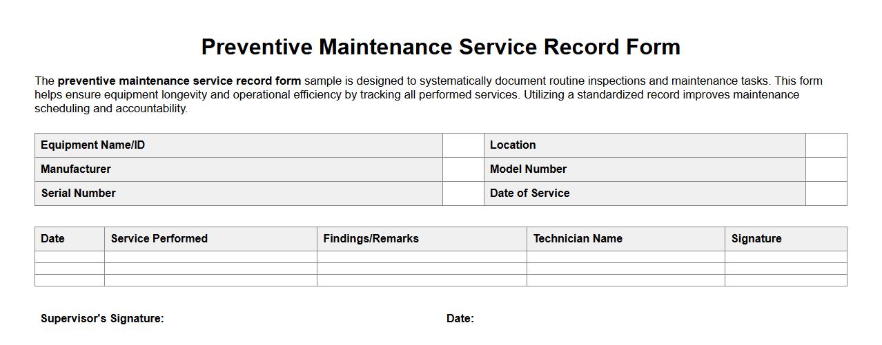 preventive maintenance service record form sample image preview